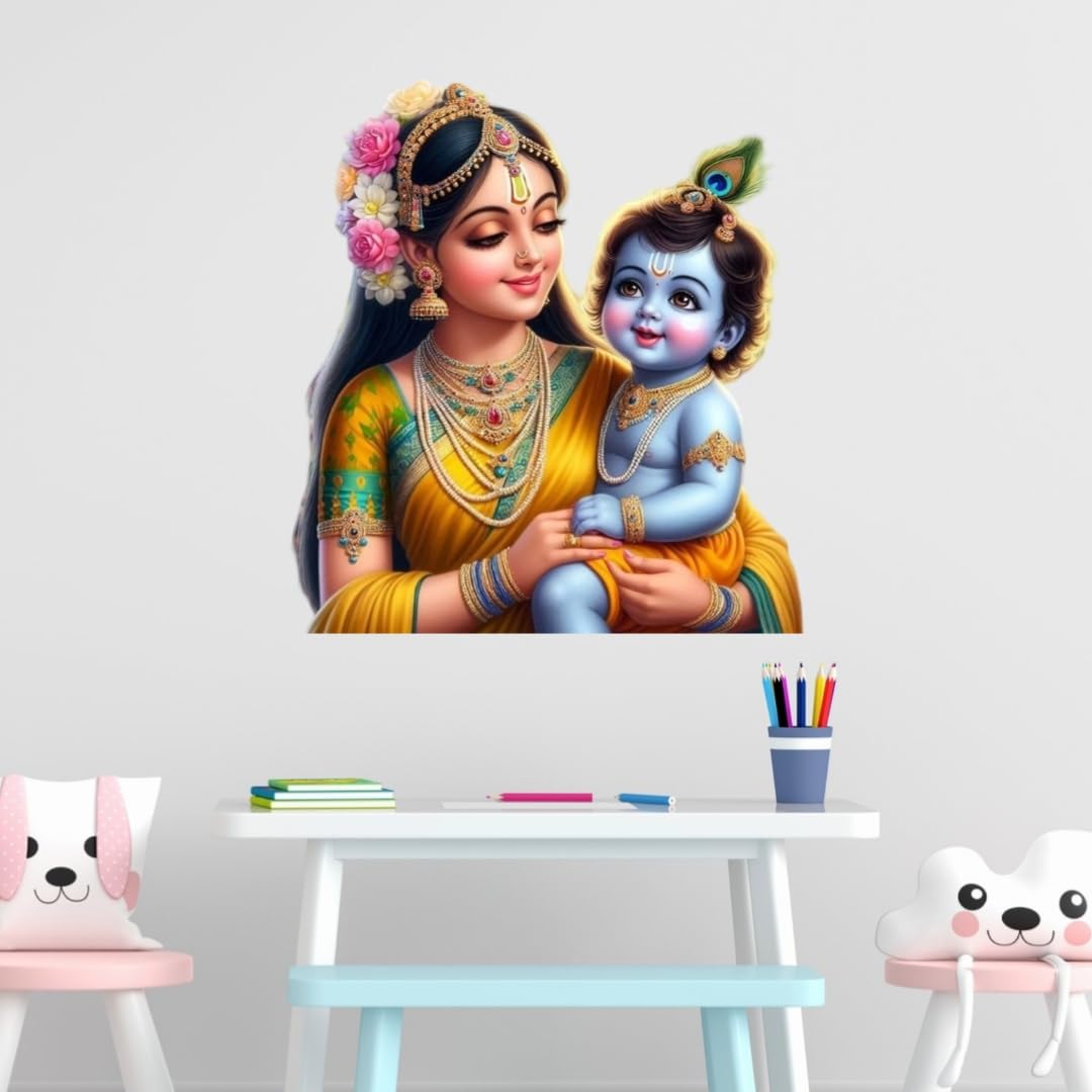 Hindu Devotional Wall Sticker, Krishna and Yashoda Decorative Sticker, Large Living Room Mural