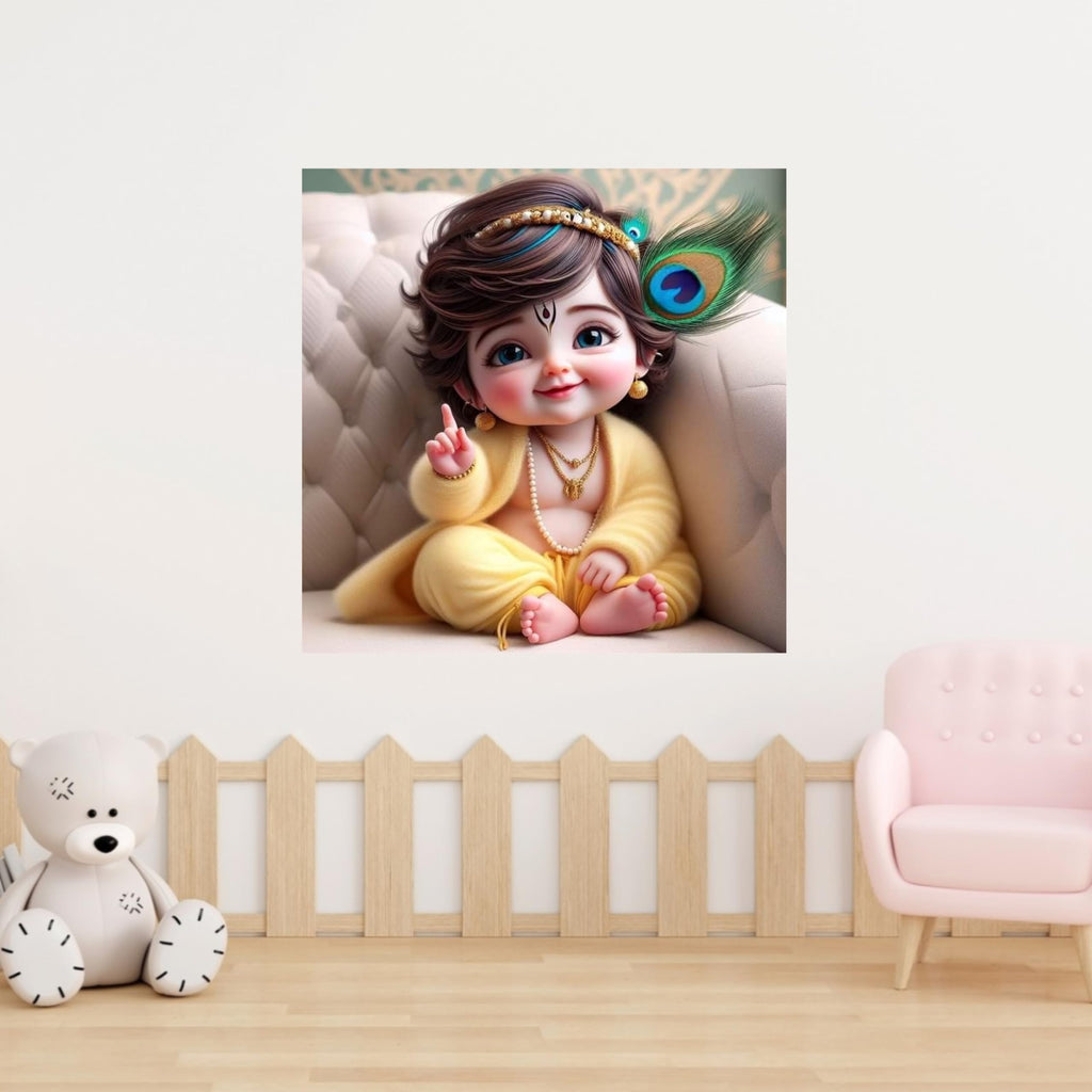 Divine Baby Krishna Poster Wall Sticker | Spiritual Décor for Home, Living Room & Prayer Area | Elegant Art with Peacock Feather, Flute & Jewelry | Premium PVC Vinyl | Size 40 x 40 cm
