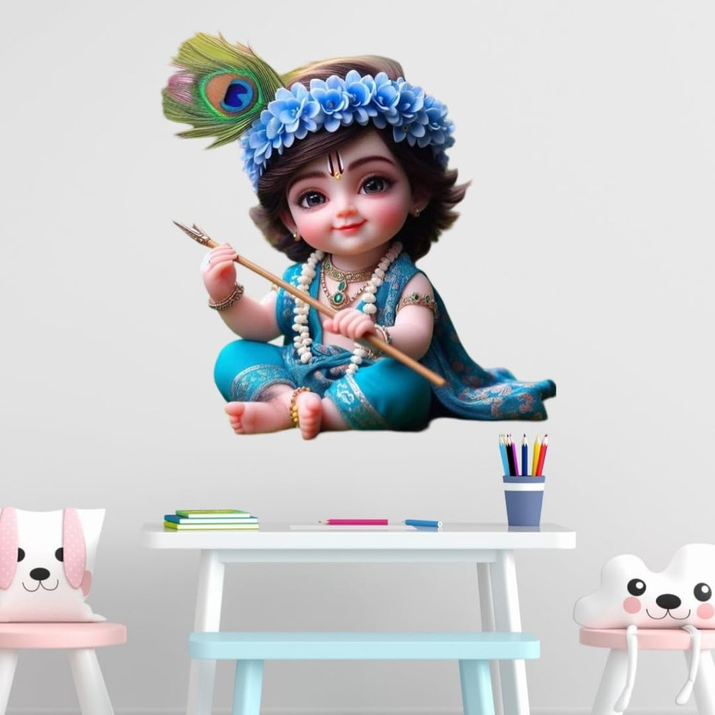 Lord Krishna Wall Sticker, Blue Floral Crown with Peacock Feather, Religious Home Decor, 45x60 cm
