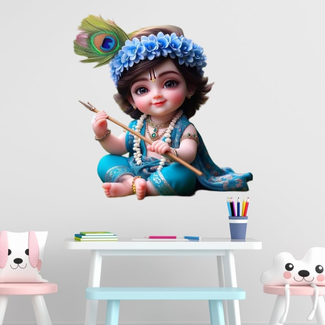 Lord Krishna Wall Sticker, Blue Floral Crown with Peacock Feather, Religious Home Decor, 45x60 cm