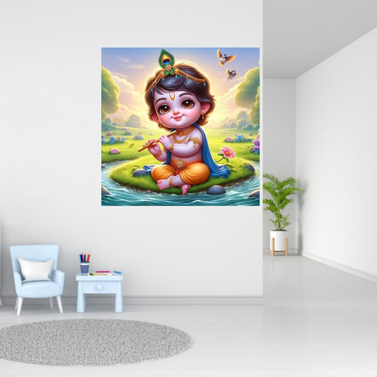 Baby Krishna Wall Sticker | Divine Spiritual Décor for Home, Living Room & Prayer Area | Premium PVC Vinyl | Easy-to-Apply Self-Adhesive Design | Vibrant Colors | Size 40 x 40 cm