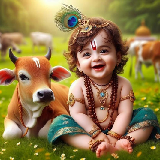 Cryptofeno Traditional Krishna Theme Wall Art Print with Cow, Religious Spiritual Decor Photography, 40 x 40cm