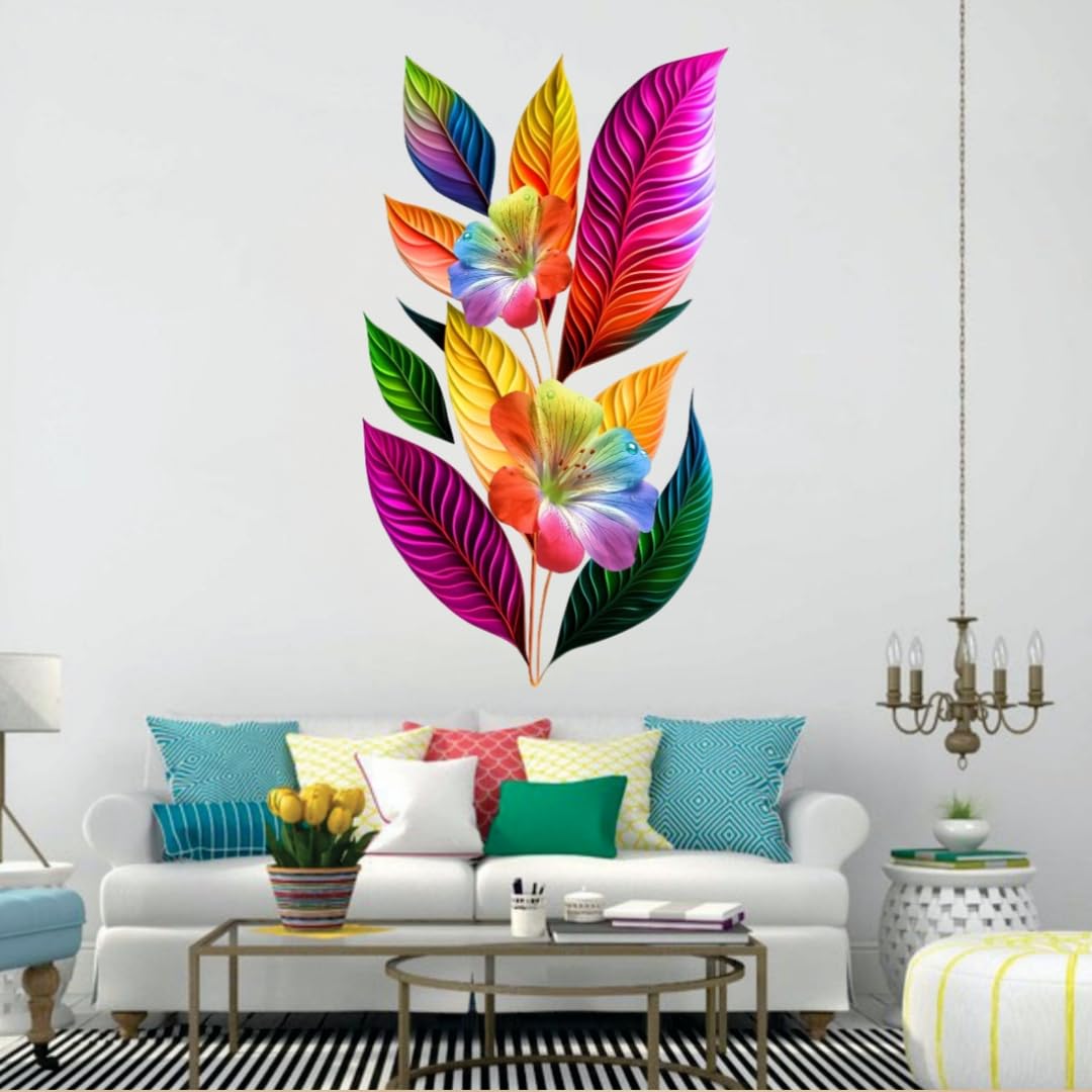 Rainbow Floral Wall Sticker, Colourful Tropical Leaves and Flowers, Nursery Room Decoration Wall Sticker