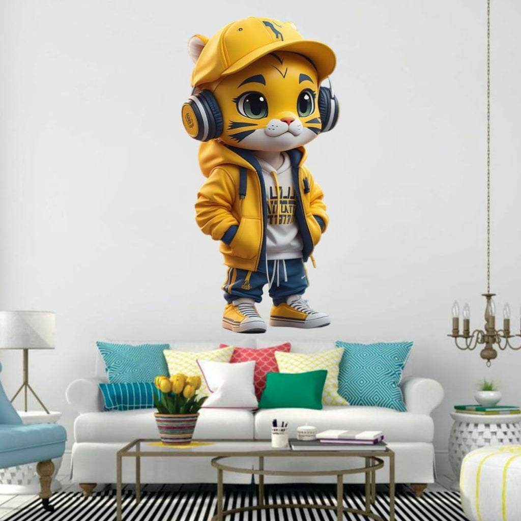 Cartoon Tiger Wall Sticker, Cute Sports Style Character with Headphones, Yellow Hoodie Design, Modern Room Decoration Wall Sticker