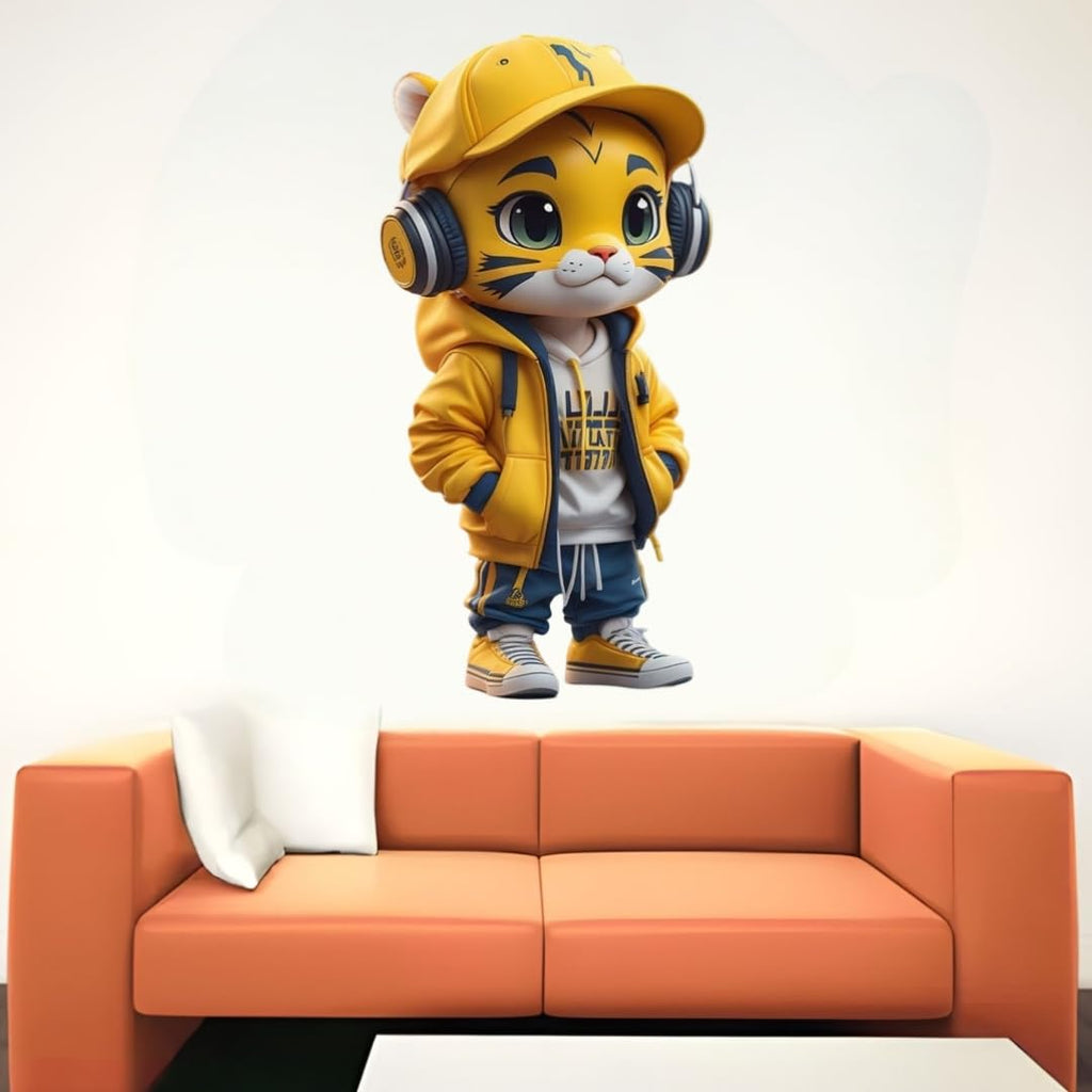 Cartoon Tiger Wall Sticker, Cute Sports Style Character with Headphones, Yellow Hoodie Design, Modern Room Decoration Wall Sticker