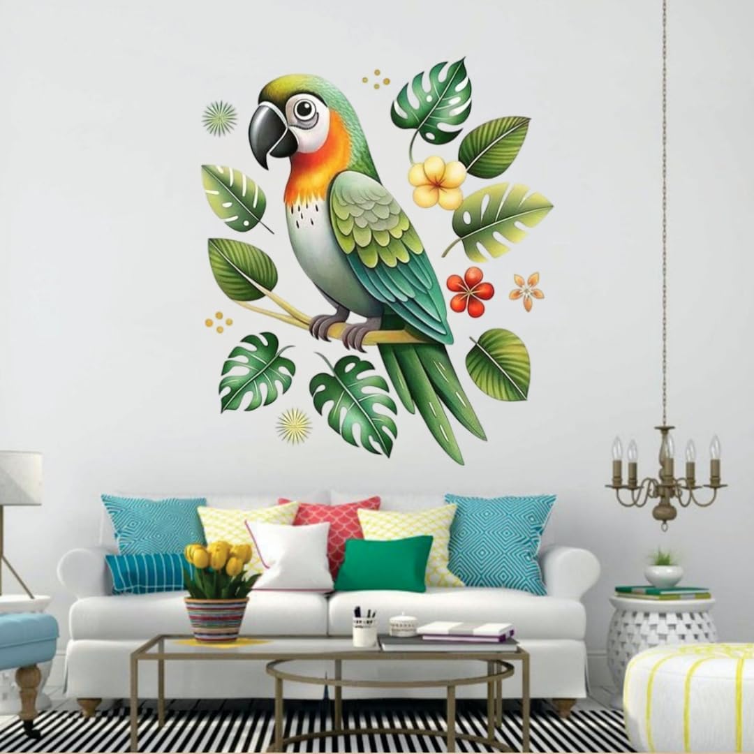 Colorful Parrot Wall Sticker - Tropical Bird with Leaves & Flowers Design - Nursery & Kids' Room Décor - Self-Adhesive Vinyl Wall Sticker