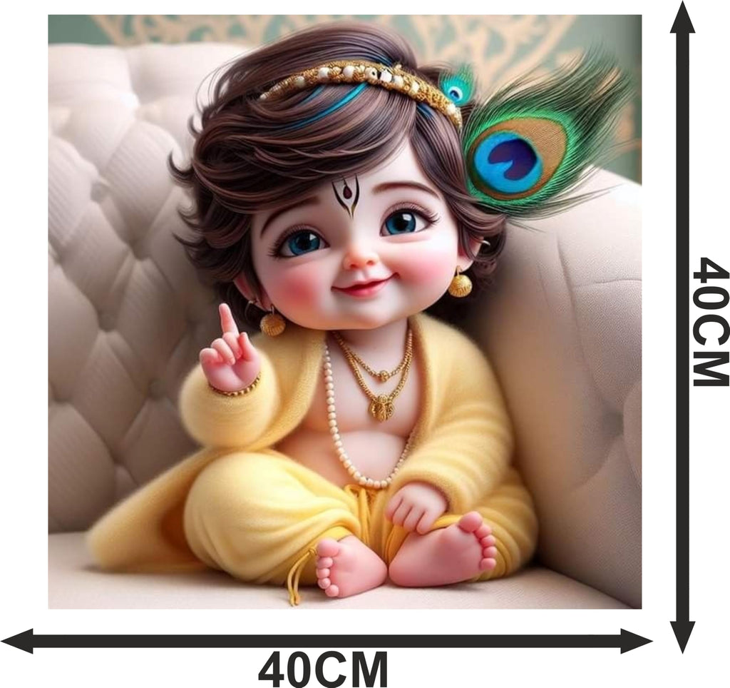 Divine Baby Krishna Poster Wall Sticker | Spiritual Décor for Home, Living Room & Prayer Area | Elegant Art with Peacock Feather, Flute & Jewelry | Premium PVC Vinyl | Size 40 x 40 cm