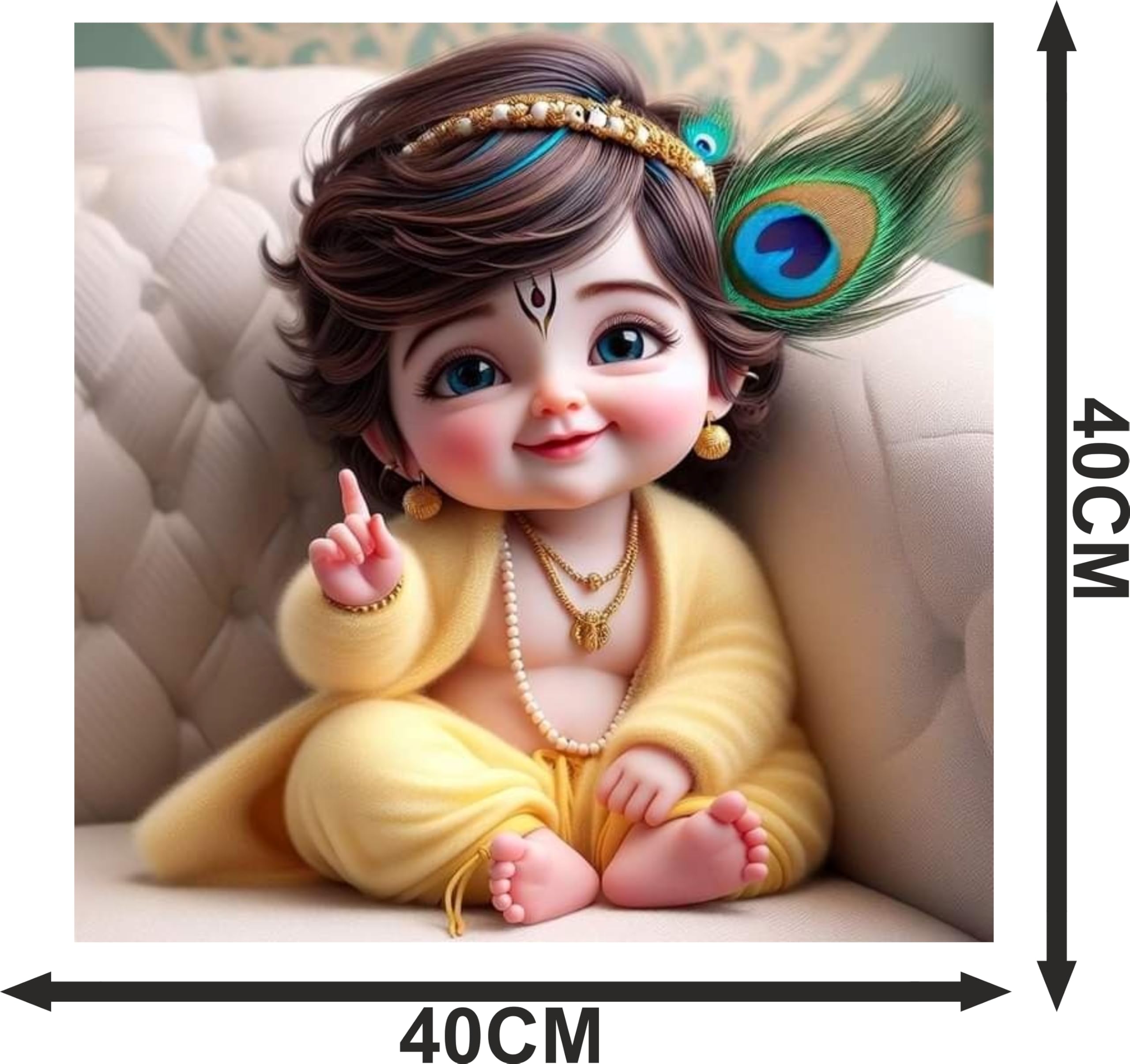 Divine Baby Krishna Poster Wall Sticker | Spiritual Décor for Home, Living Room & Prayer Area | Elegant Art with Peacock Feather, Flute & Jewelry | Premium PVC Vinyl | Size 40 x 40 cm