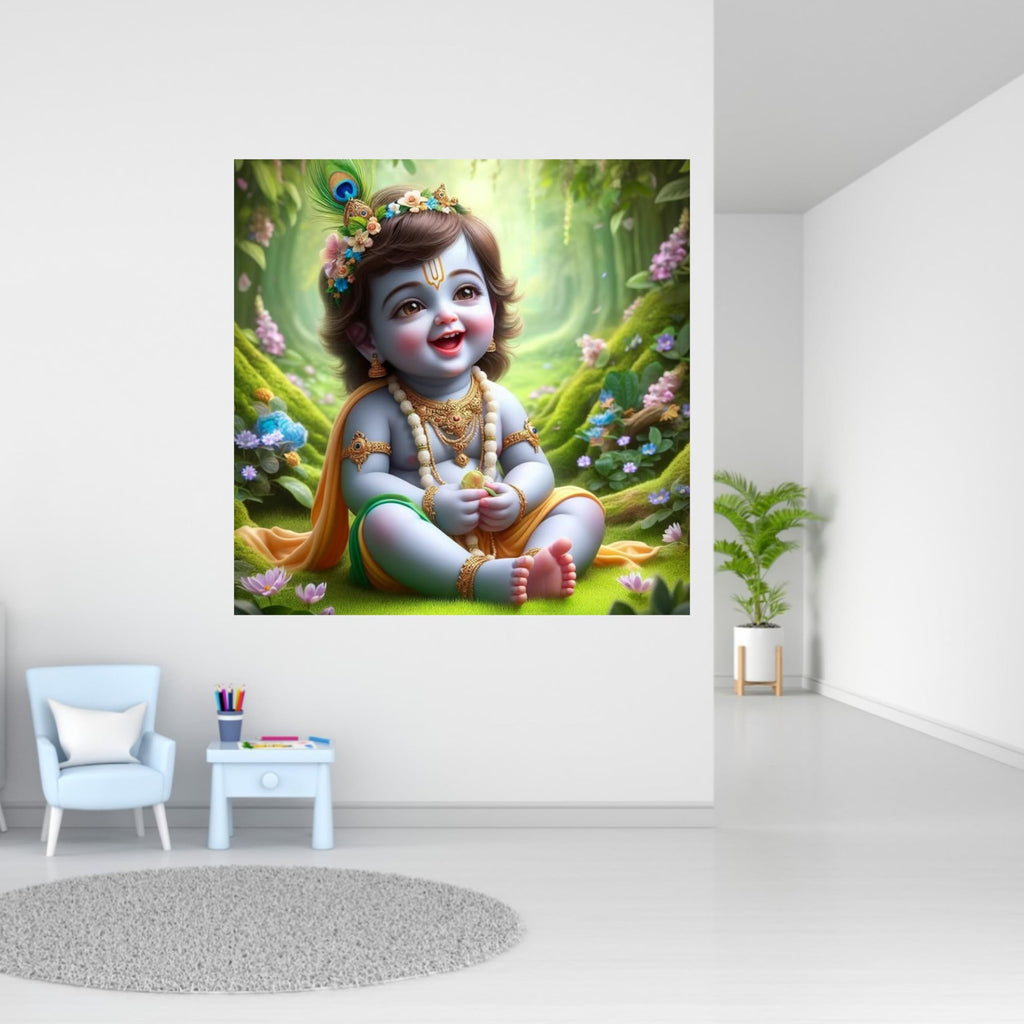Divine Baby Krishna Wall Sticker Elegant Spiritual Décor for Home, Living Room, Bedroom & Prayer Area Premium PVC Vinyl with Self-Adhesive Design Easy to Apply & Remove 40 x 40 cm Dimensions