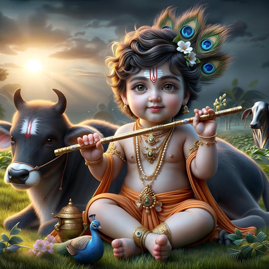Cryptofeno Divine Baby Krishna Wall Art Poster - Artistic Décor with Peacock & Spiritual Charm - Premium Print for Prayer Room, Living Room & Bedroom - Vibrant Colors & Intricate Details - 40 x 40cm