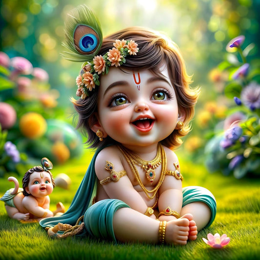 Baby Krishna Wall Sticker | Divine Décor with Flute, Peacock Feather & Gold Jewelry | Premium PVC Vinyl Material | Perfect for Living Room, Bedroom, Prayer Area | Dimensions: 40 x 40 cm