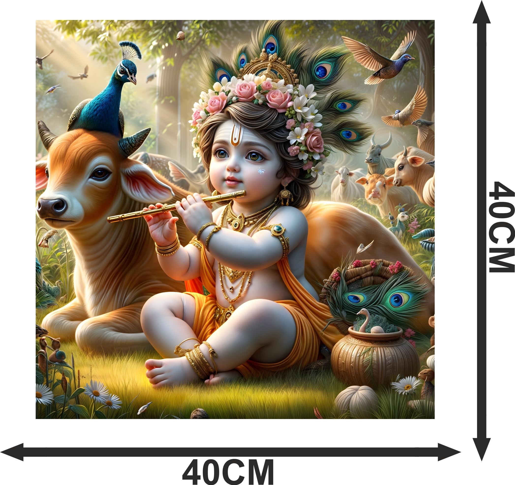 Cryptofeno Divine Baby Krishna Poster - Spiritual Wall Décor with Flute, Peacock & Floral Elegance - Perfect for Prayer Room, Living Room & Bedroom - Premium Print - Size 40 x 40 cm