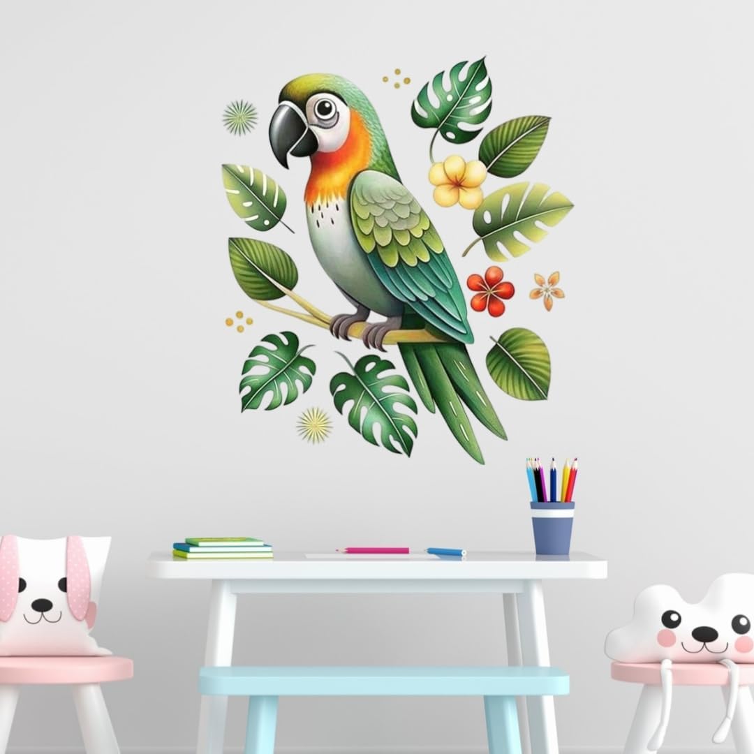 Colorful Parrot Wall Sticker - Tropical Bird with Leaves & Flowers Design - Nursery & Kids' Room Décor - Self-Adhesive Vinyl Wall Sticker