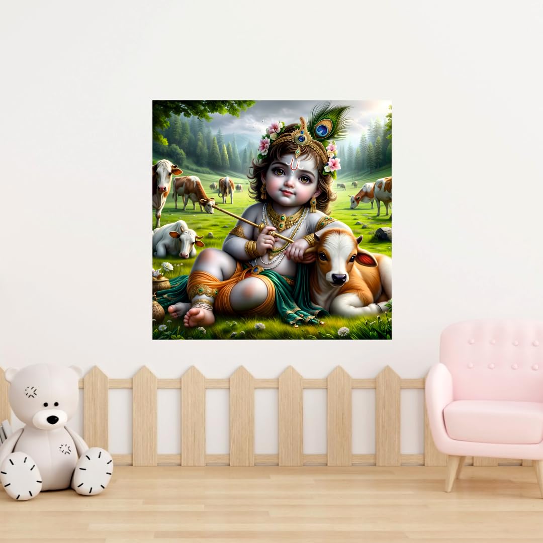 Cryptofeno Baby Krishna Wall Poster - Artistic Spiritual Décor with Flute, Cow & Peacock - Vibrant Colors for Home & Sacred Spaces - Premium Material 40 x 40 cm