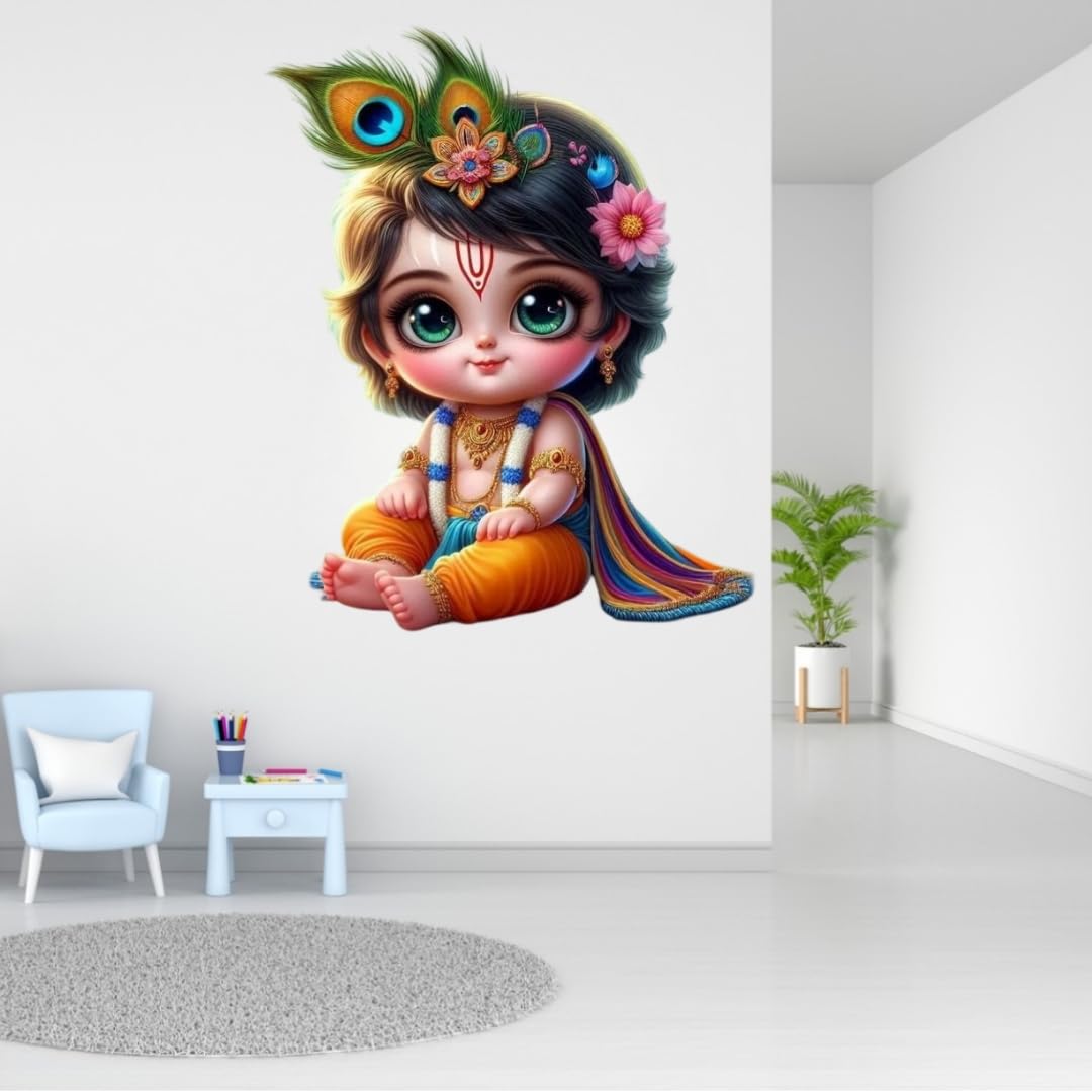 Cute Krishna Wall Sticker, Large Decorative Sticker for Living Room, Multicolour