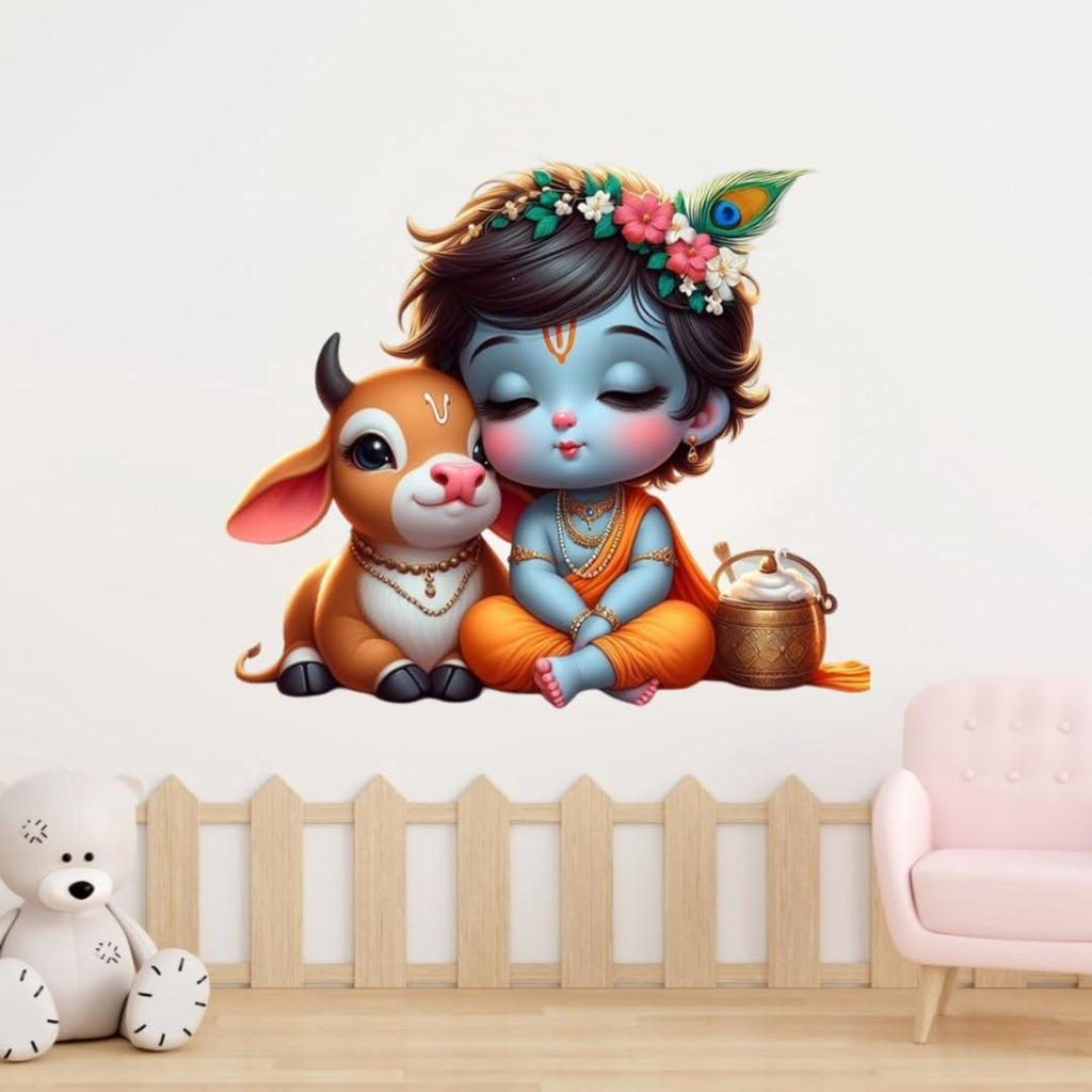 Hindu Deity Krishna with Cow Wall Sticker, Large Decorative Sticker for Living Room, Multicolour