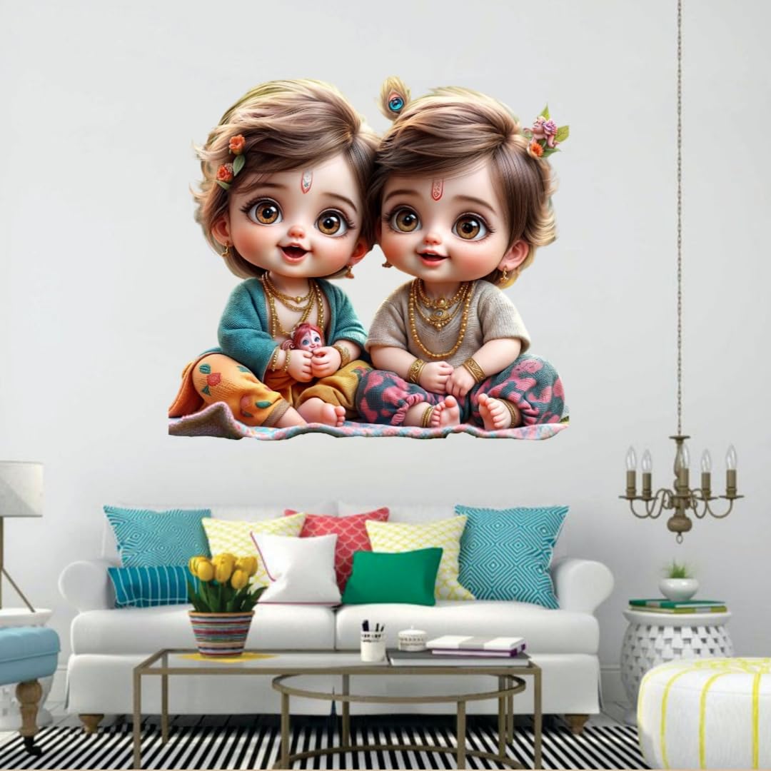 Cute Krishna Balram Wall Sticker, Large Decorative Sticker for Children's Study Room, Nursery Wall Art with Floral Accents