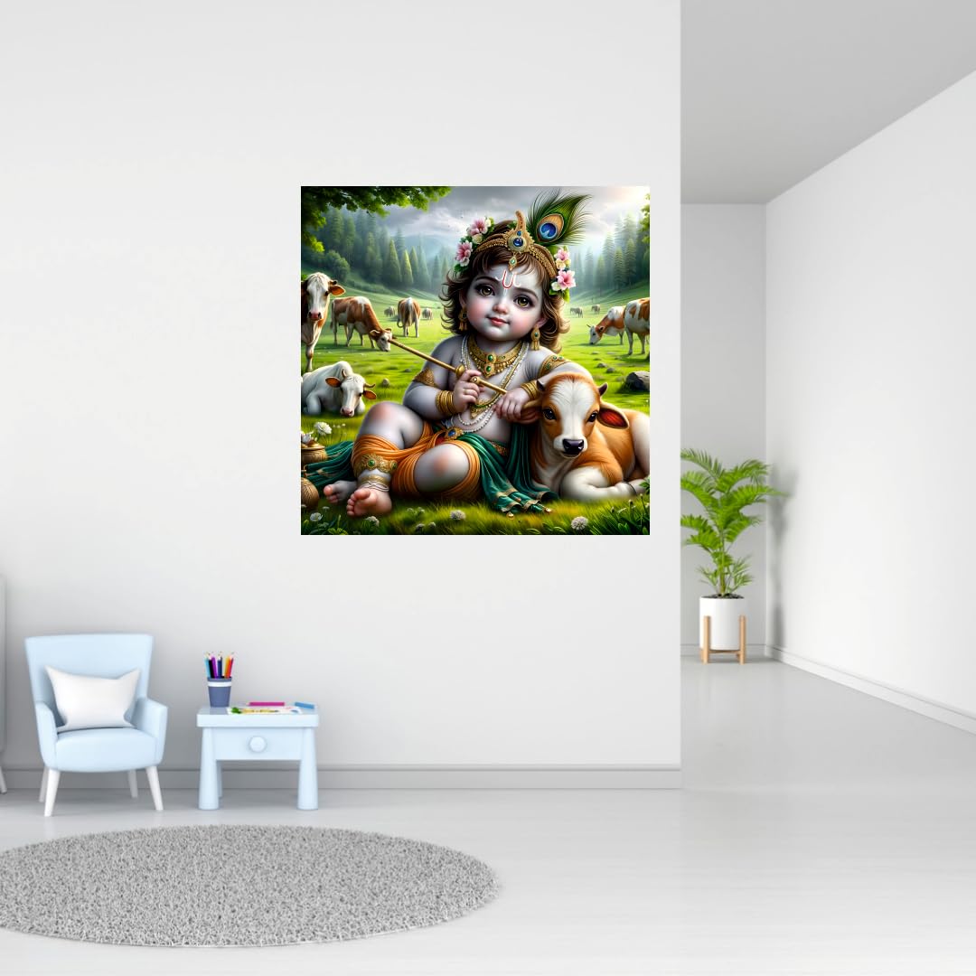 Cryptofeno Baby Krishna Wall Poster - Artistic Spiritual Décor with Flute, Cow & Peacock - Vibrant Colors for Home & Sacred Spaces - Premium Material 40 x 40 cm