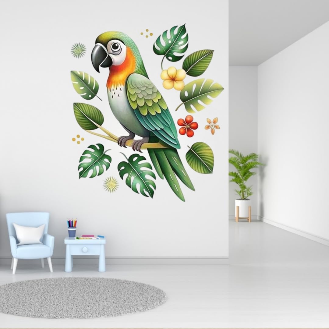 Colorful Parrot Wall Sticker - Tropical Bird with Leaves & Flowers Design - Nursery & Kids' Room Décor - Self-Adhesive Vinyl Wall Sticker