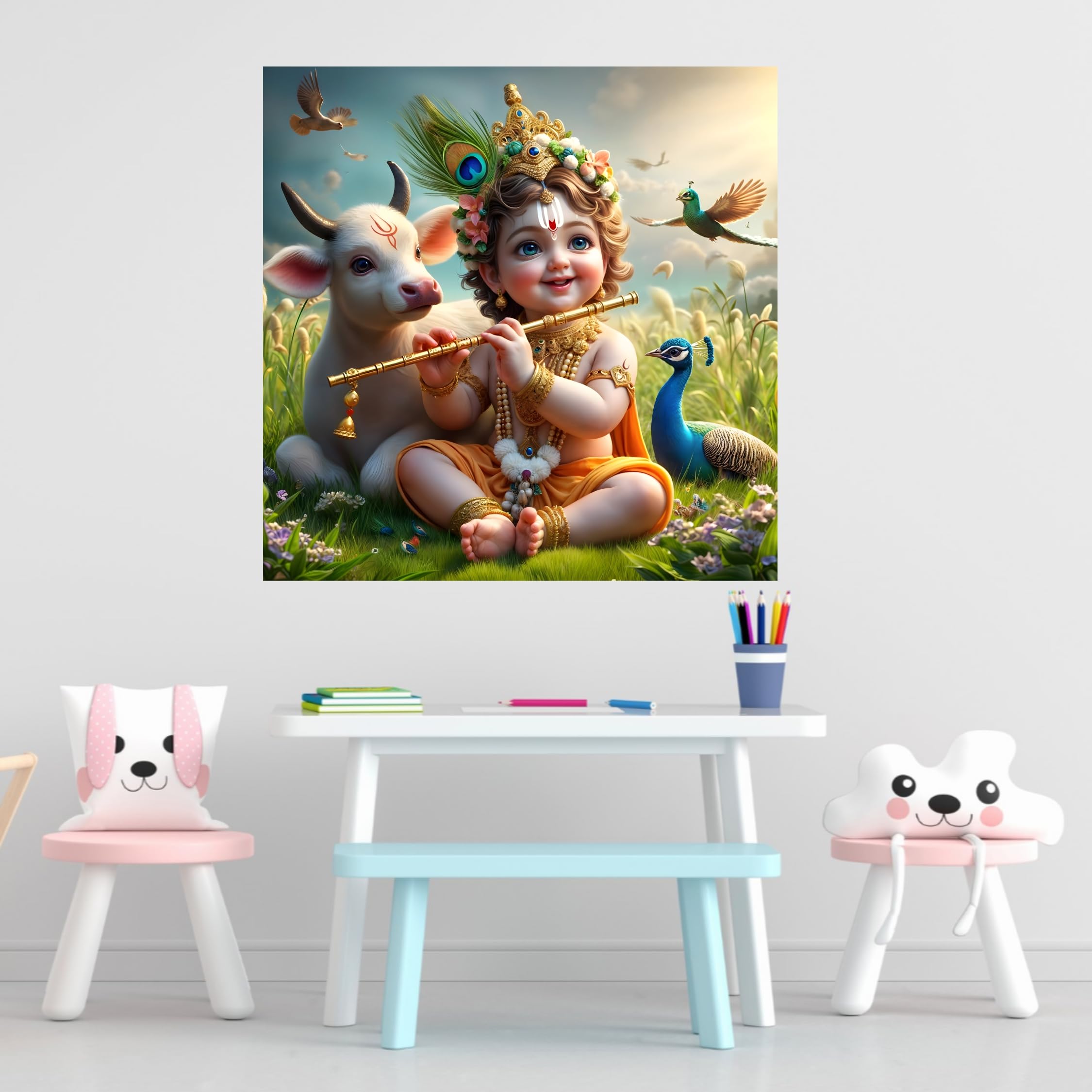 Cryptofeno Lord Krishna Poster Divine Flute-Playing Design with Peacock & Calf Spiritual Wall Décor for Home & Temple