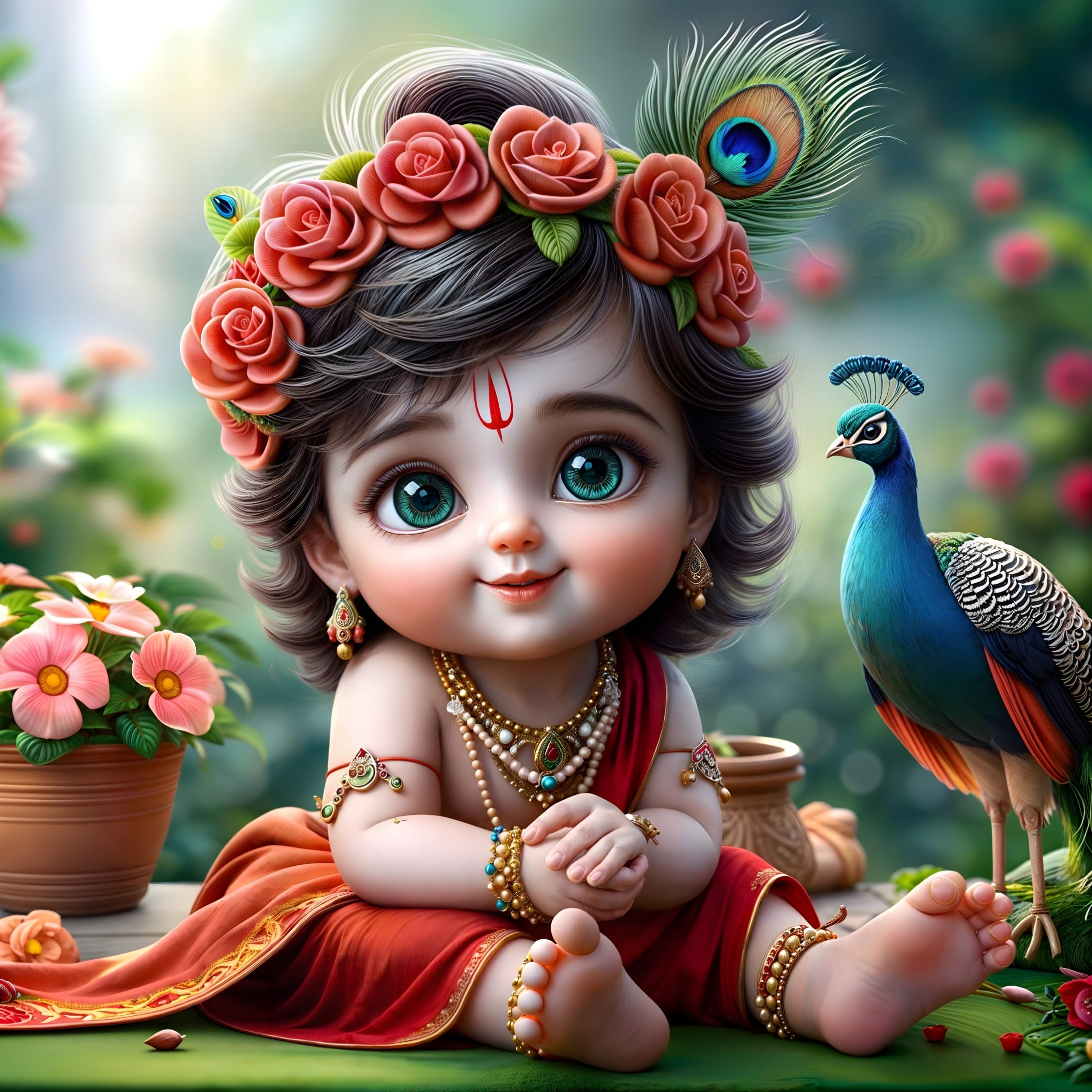 Cryptofeno Divine Baby Krishna Poster | Artistic Décor with Peacock & Floral Background | Premium Vinyl for Living Room, Bedroom Pooja Room | Size 40 x 40 cm