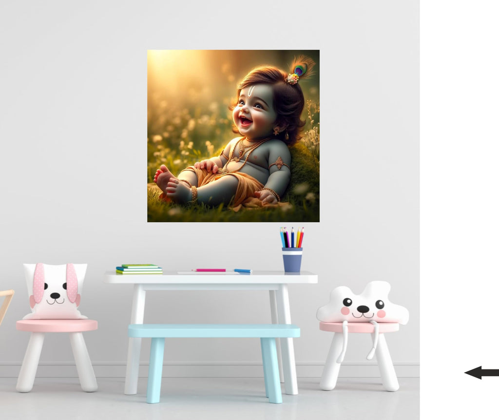 Baby Krishna Wall Sticker | Divine Décor Featuring Peacock Feather, Flute & Traditional Jewelry | Premium PVC Vinyl | Vibrant | Ideal for Living Room, Bedroom & Prayer Area | 40 x 40 cm