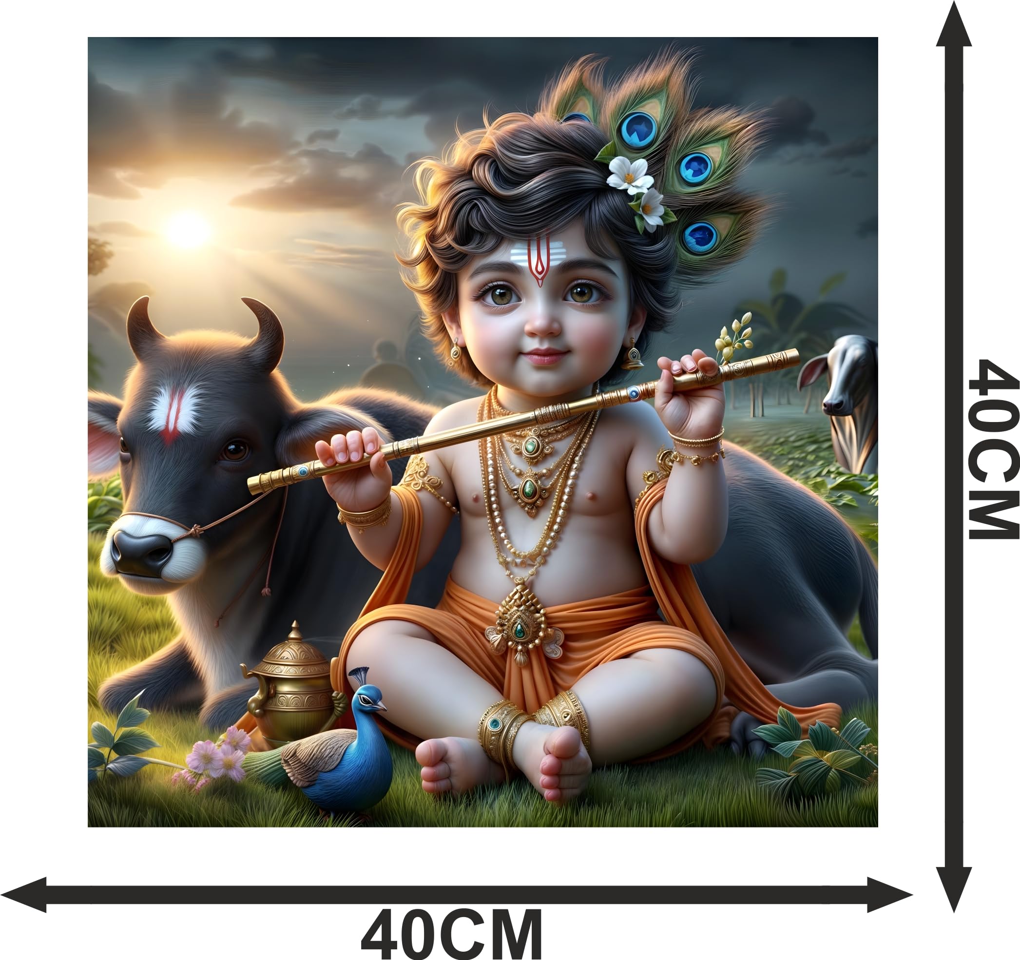 Cryptofeno Divine Baby Krishna Wall Art Poster - Artistic Décor with Peacock & Spiritual Charm - Premium Print for Prayer Room, Living Room & Bedroom - Vibrant Colors & Intricate Details - 40 x 40cm