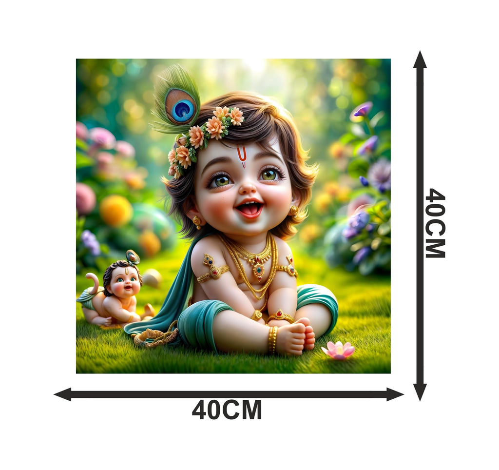 Baby Krishna Wall Sticker | Divine Décor with Flute, Peacock Feather & Gold Jewelry | Premium PVC Vinyl Material | Perfect for Living Room, Bedroom, Prayer Area | Dimensions: 40 x 40 cm
