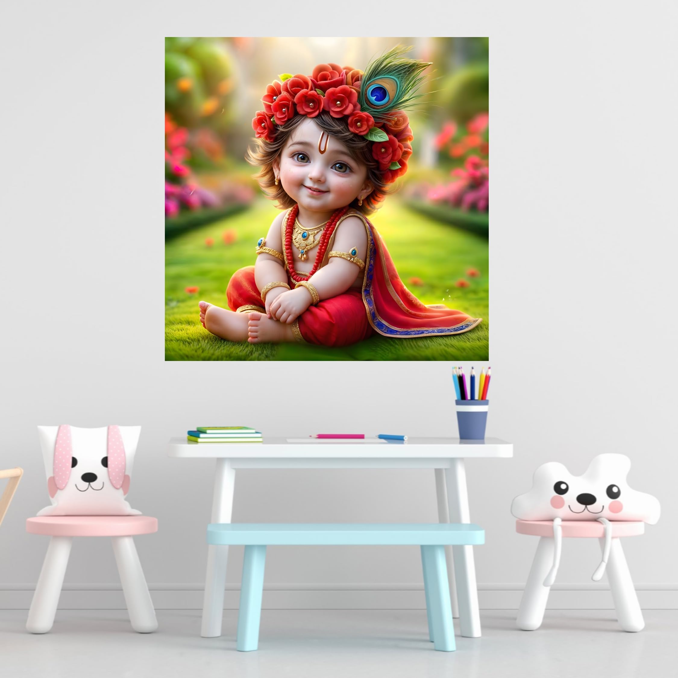 Baby Krishna Poster | Spiritual Wall Décor with Peacock & Floral Charm | Premium Art for Living Room, Bedroom & Prayer Room | Vibrant Colors & Intricate Detailing | Perfect Home Décor | 40 x 40 cm