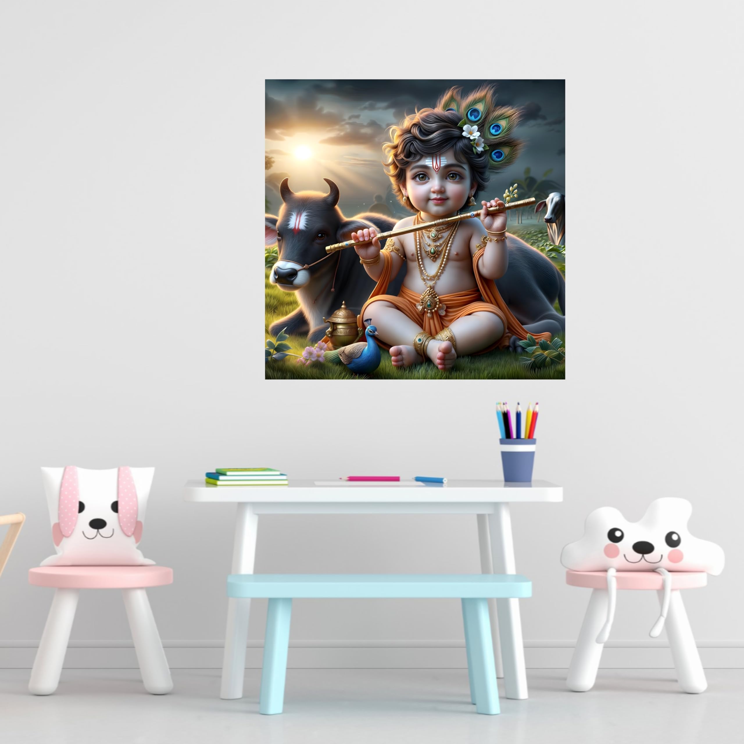 Cryptofeno Divine Baby Krishna Wall Art Poster - Artistic Décor with Peacock & Spiritual Charm - Premium Print for Prayer Room, Living Room & Bedroom - Vibrant Colors & Intricate Details - 40 x 40cm