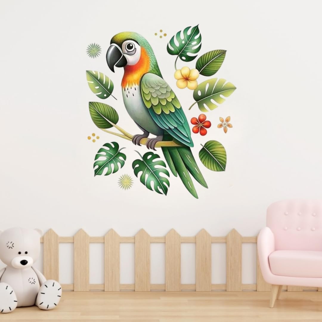 Colorful Parrot Wall Sticker - Tropical Bird with Leaves & Flowers Design - Nursery & Kids' Room Décor - Self-Adhesive Vinyl Wall Sticker