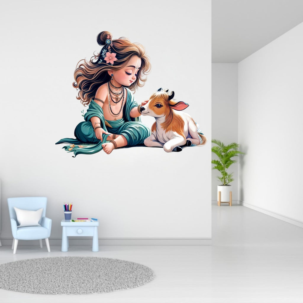 Divine Krishna with Cow Wall Sticker - Serene Spiritual Décor to Beautify Your Home and Living Wall Decor