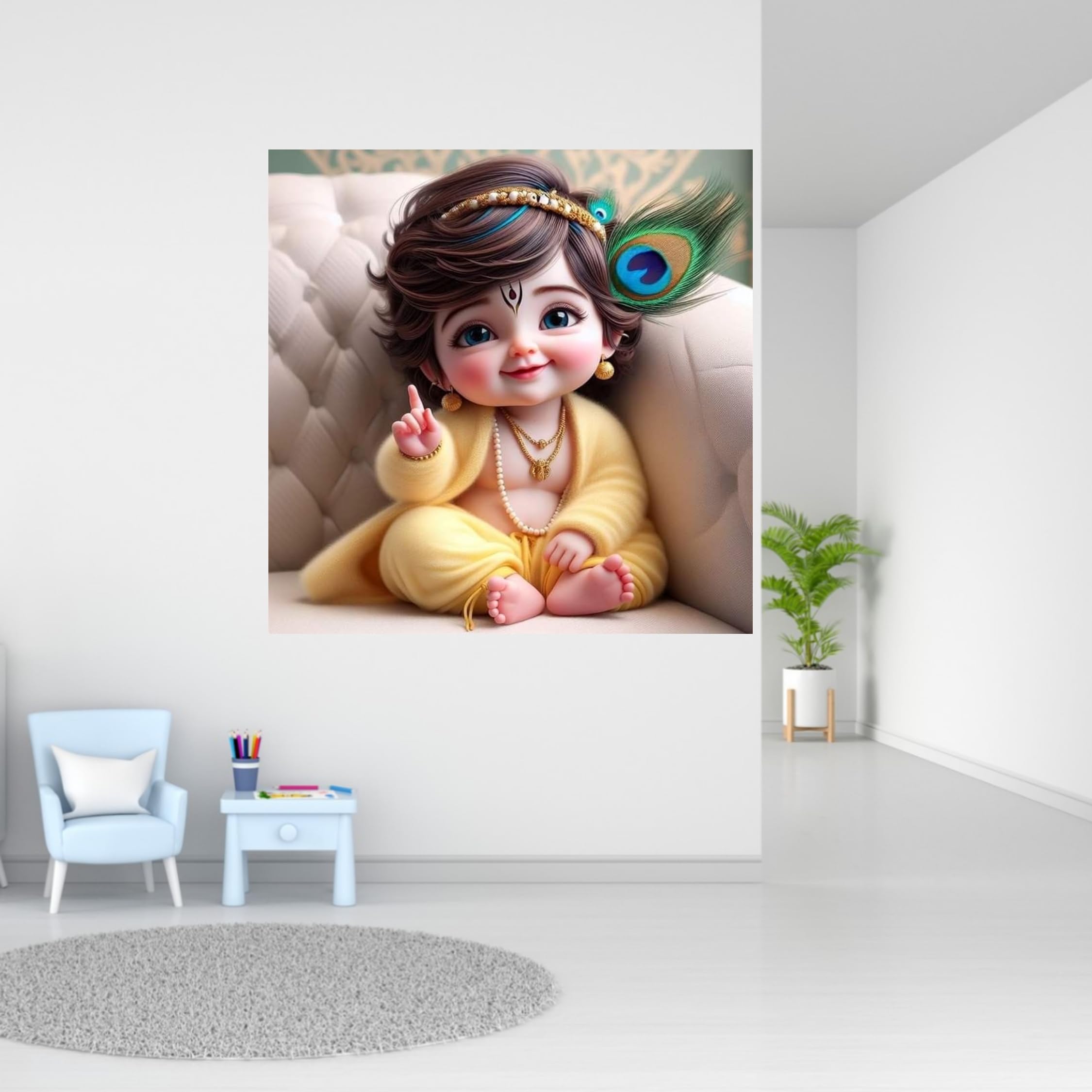Divine Baby Krishna Poster Wall Sticker | Spiritual Décor for Home, Living Room & Prayer Area | Elegant Art with Peacock Feather, Flute & Jewelry | Premium PVC Vinyl | Size 40 x 40 cm