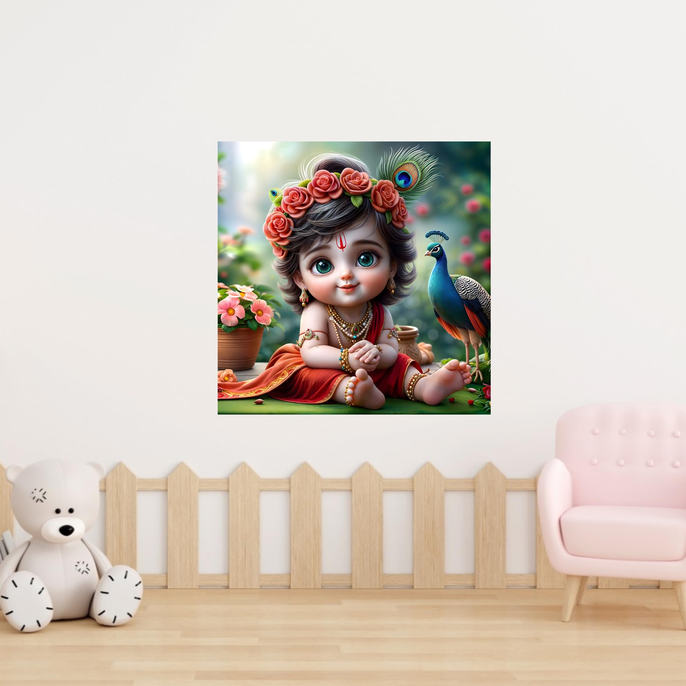 Cryptofeno Divine Baby Krishna Poster | Artistic Décor with Peacock & Floral Background | Premium Vinyl for Living Room, Bedroom Pooja Room | Size 40 x 40 cm