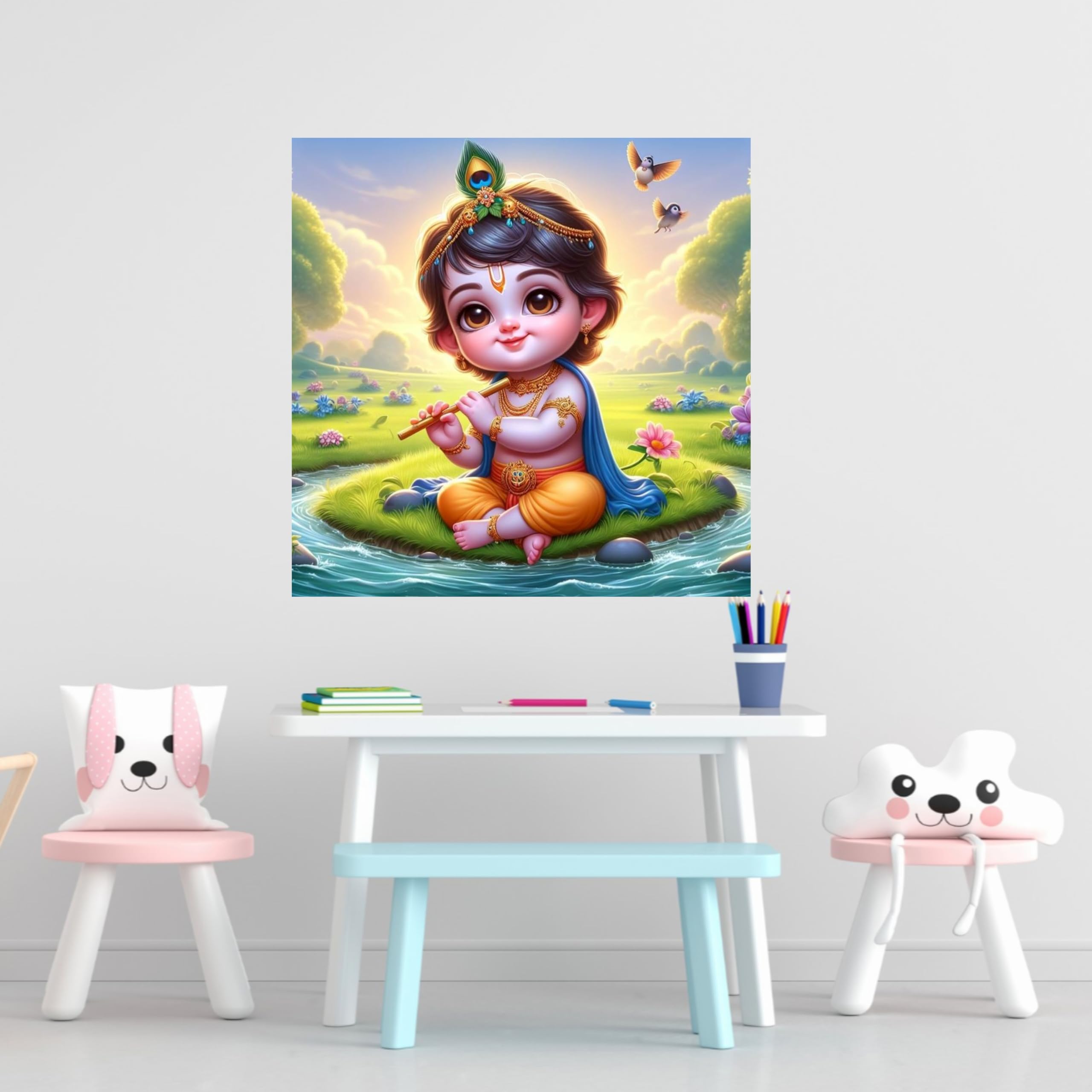 Baby Krishna Wall Sticker | Divine Spiritual Décor for Home, Living Room & Prayer Area | Premium PVC Vinyl | Easy-to-Apply Self-Adhesive Design | Vibrant Colors | Size 40 x 40 cm