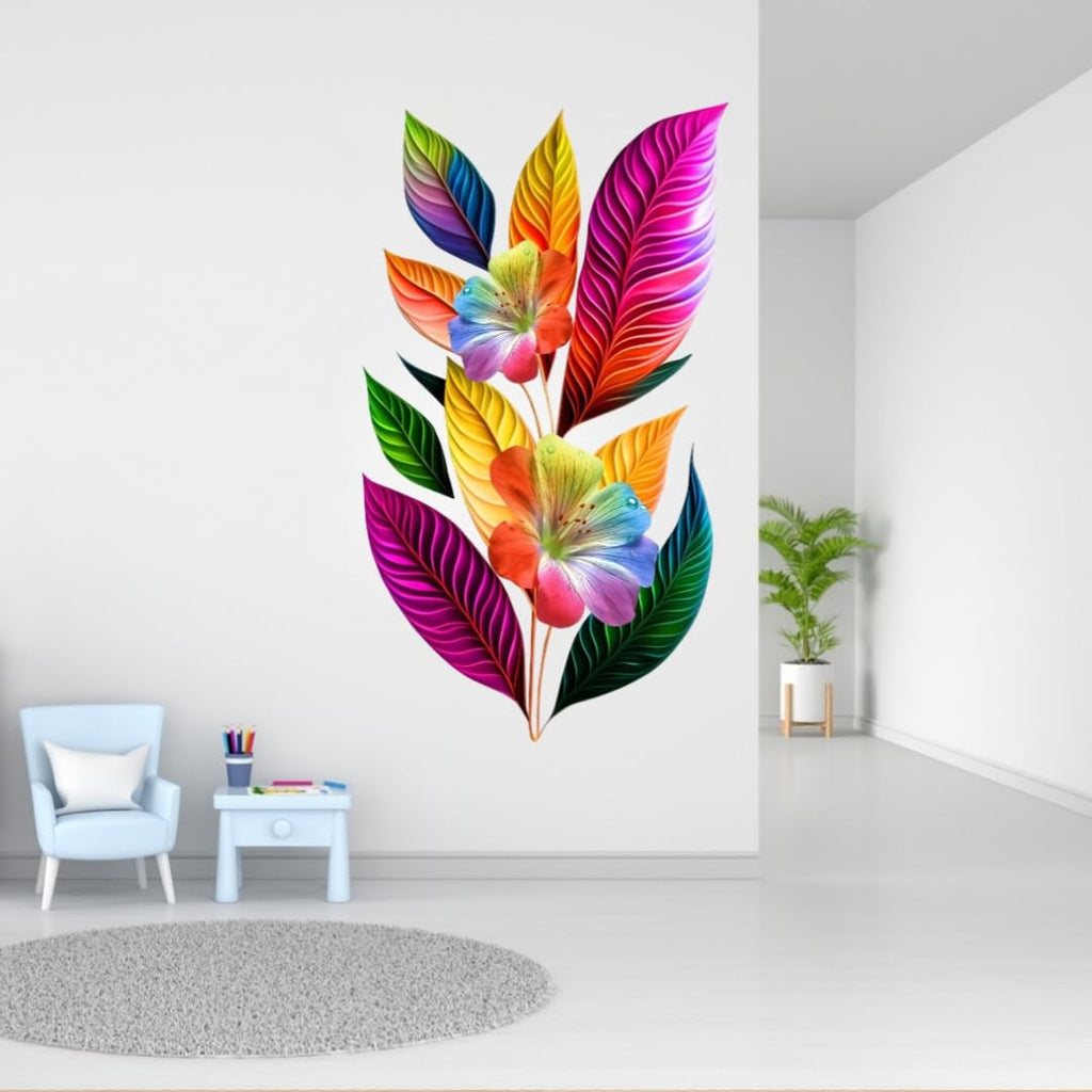 Rainbow Floral Wall Sticker, Colourful Tropical Leaves and Flowers, Nursery Room Decoration Wall Sticker