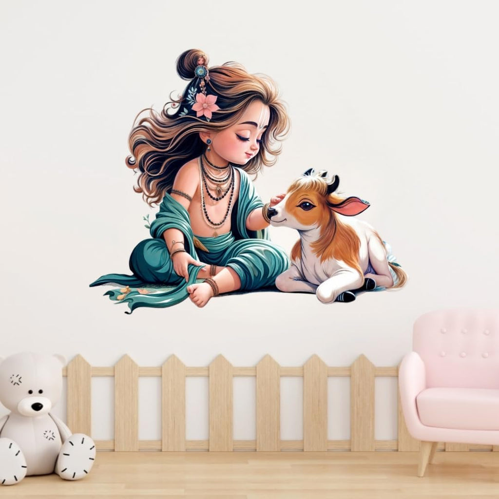 Divine Krishna with Cow Wall Sticker - Serene Spiritual Décor to Beautify Your Home and Living Wall Decor