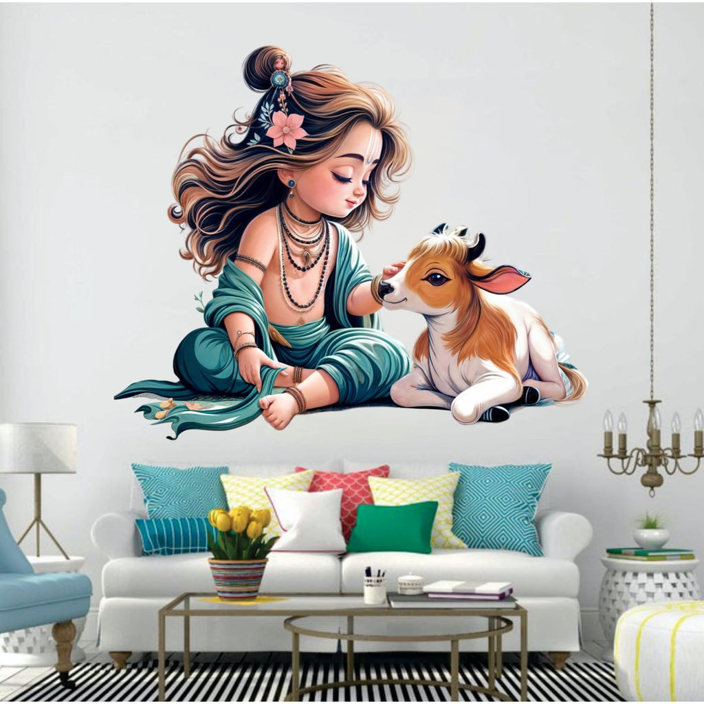 Divine Krishna with Cow Wall Sticker - Serene Spiritual Décor to Beautify Your Home and Living Wall Decor