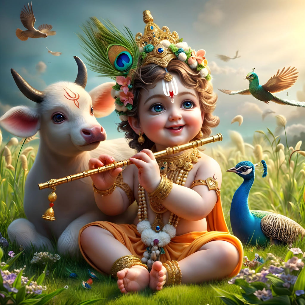 Cryptofeno Lord Krishna Poster Divine Flute-Playing Design with Peacock & Calf Spiritual Wall Décor for Home & Temple