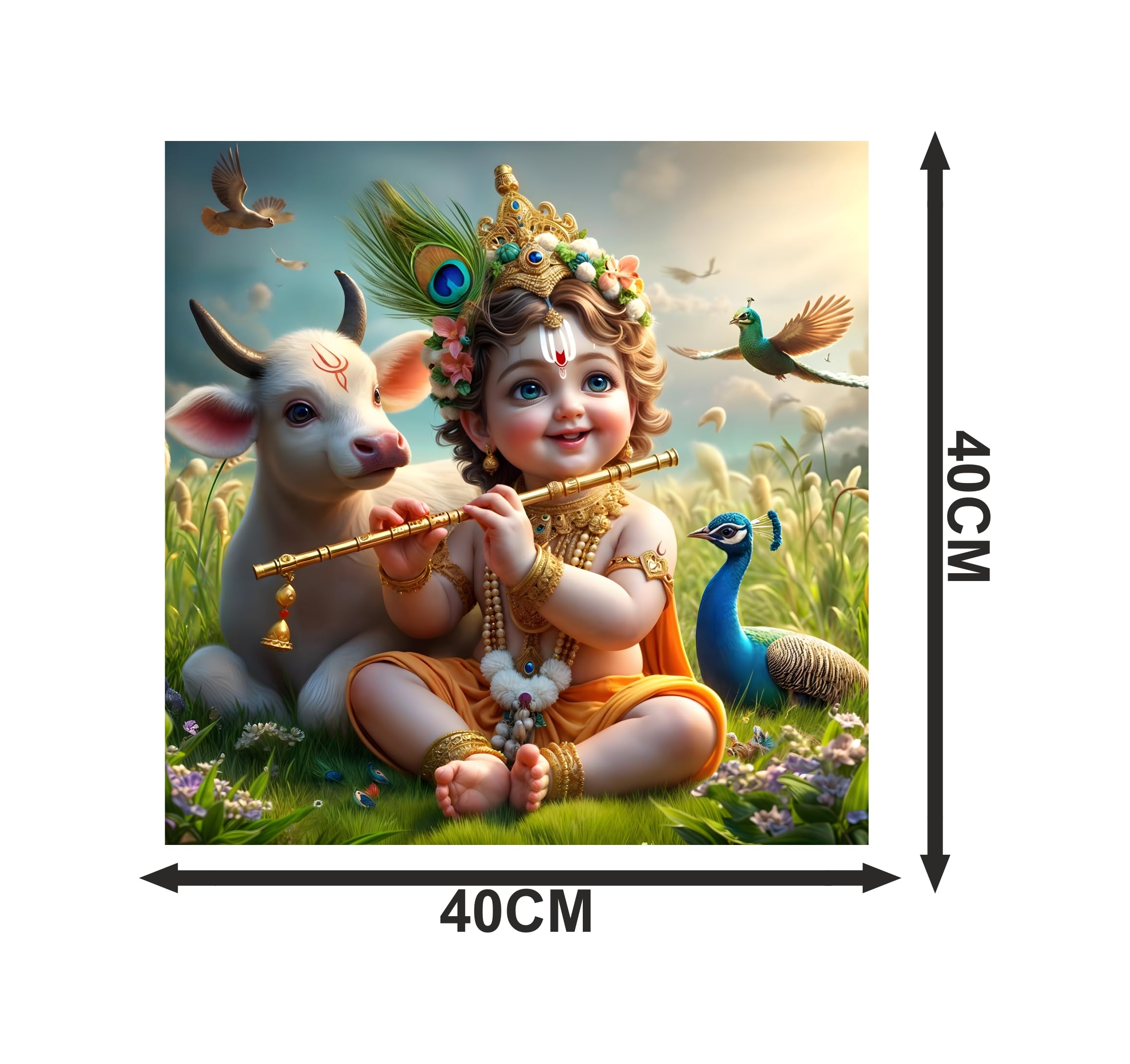 Cryptofeno Lord Krishna Poster Divine Flute-Playing Design with Peacock & Calf Spiritual Wall Décor for Home & Temple