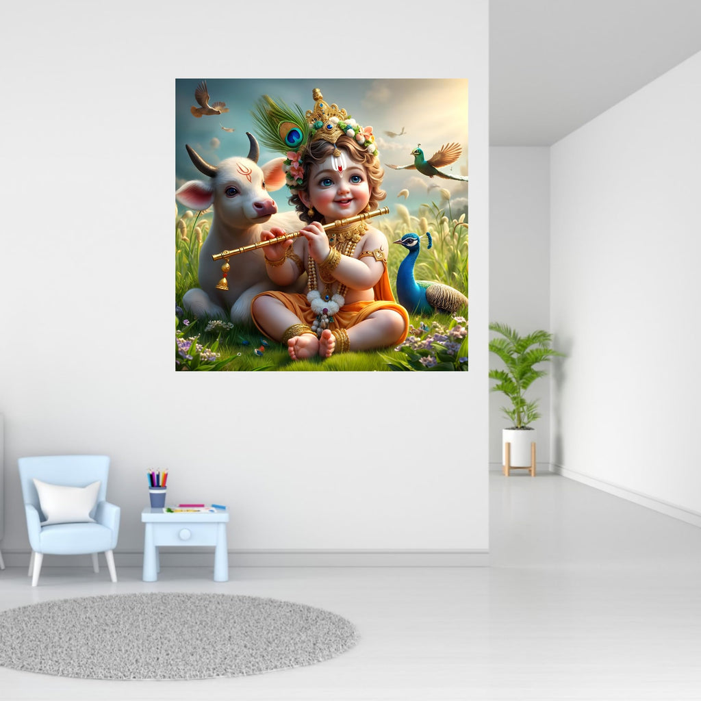 Cryptofeno Lord Krishna Poster Divine Flute-Playing Design with Peacock & Calf Spiritual Wall Décor for Home & Temple