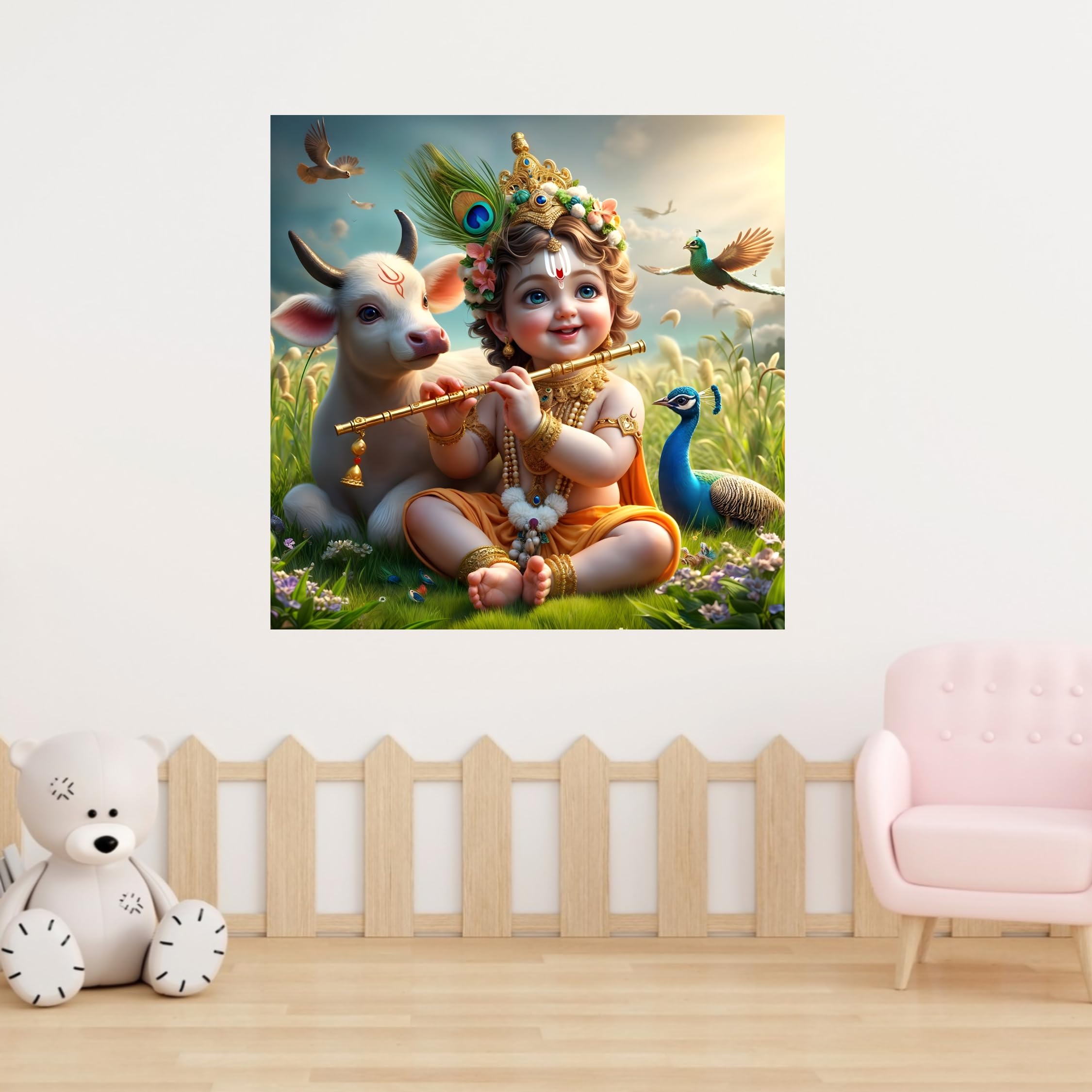 Cryptofeno Lord Krishna Poster Divine Flute-Playing Design with Peacock & Calf Spiritual Wall Décor for Home & Temple