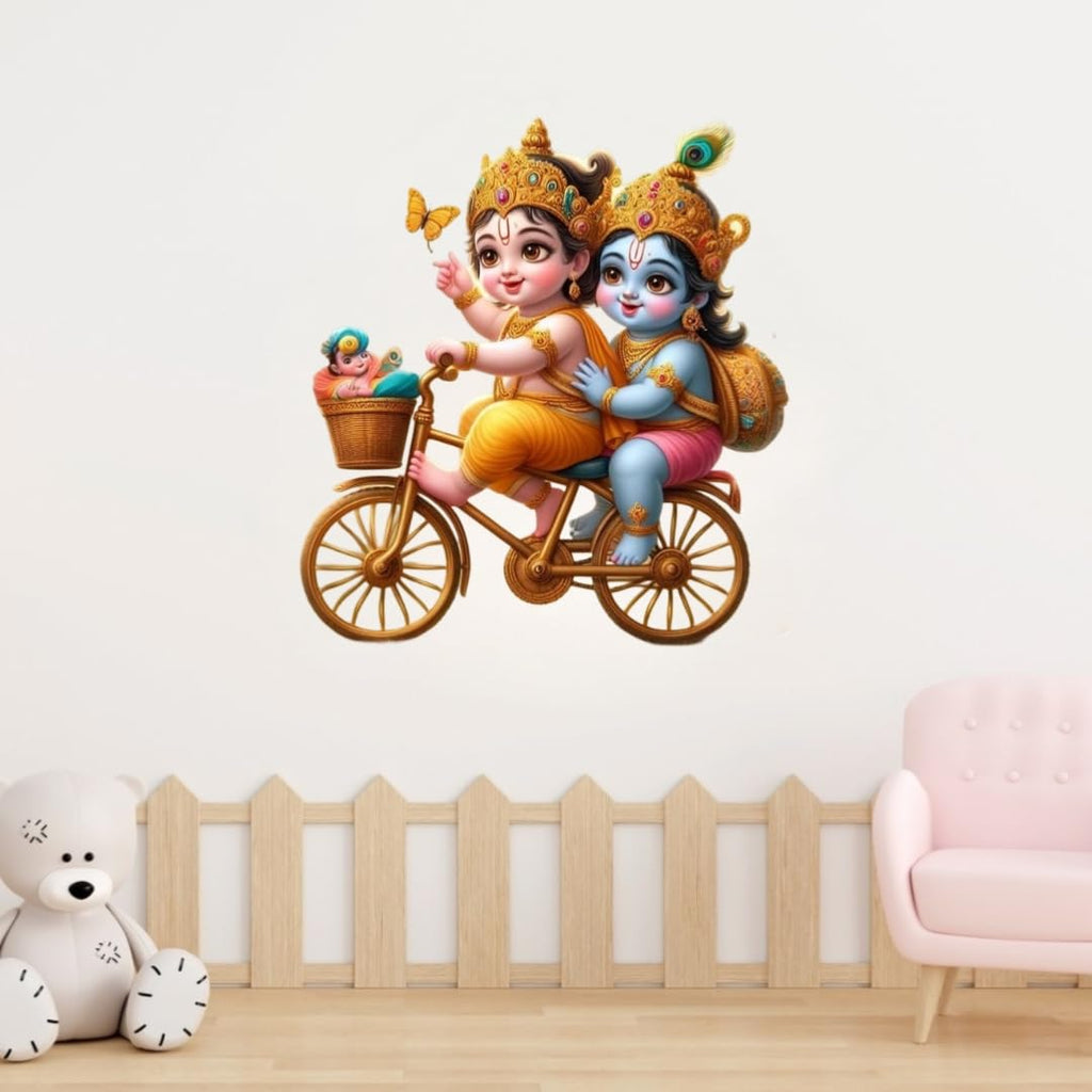 Krishna and Balaram on Bicycle Wall Sticker, Hindu Religious Art Wall Sticker for Living Room, Decorative Vinyl Wall Decor