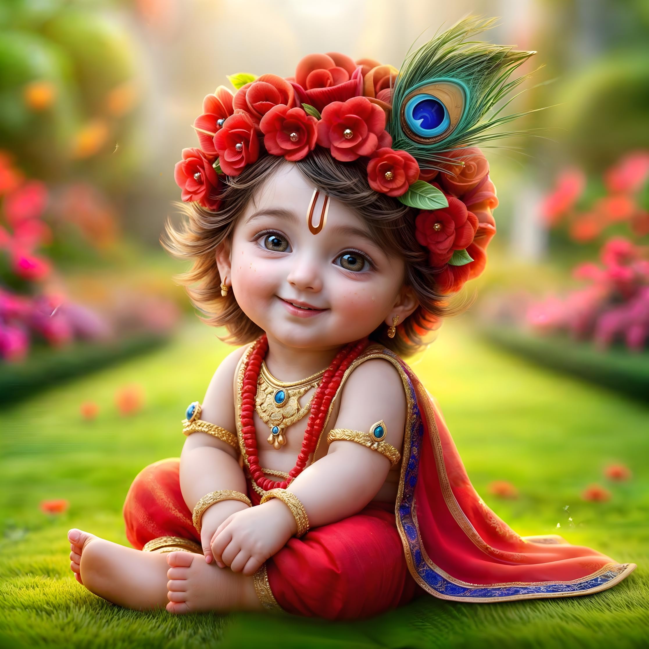 Baby Krishna Poster | Spiritual Wall Décor with Peacock & Floral Charm | Premium Art for Living Room, Bedroom & Prayer Room | Vibrant Colors & Intricate Detailing | Perfect Home Décor | 40 x 40 cm