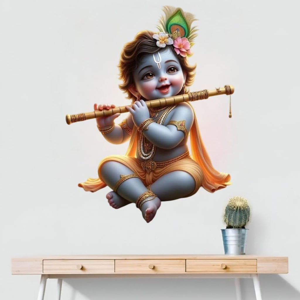 Cute Baby Krishna Wall Sticker, Large Decorative Vinyl Sticker with Flute Design, Orange and Blue