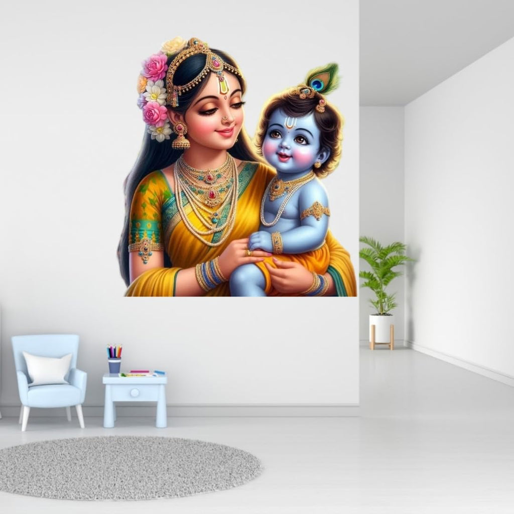 Hindu Devotional Wall Sticker, Krishna and Yashoda Decorative Sticker, Large Living Room Mural