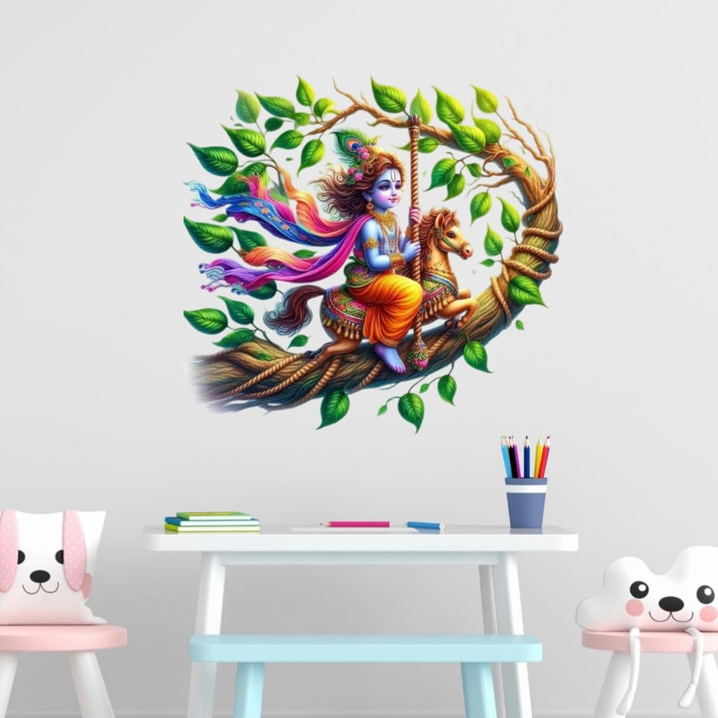Hindu Deity Krishna on Swing Wall Sticker, Decorative Vinyl Art Sticker for Home, Multicolour