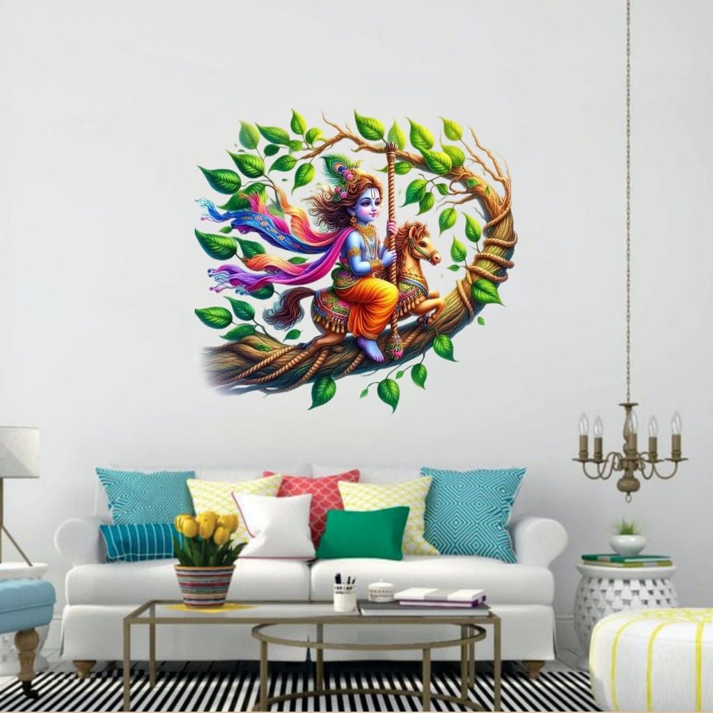 Hindu Deity Krishna on Swing Wall Sticker, Decorative Vinyl Art Sticker for Home, Multicolour