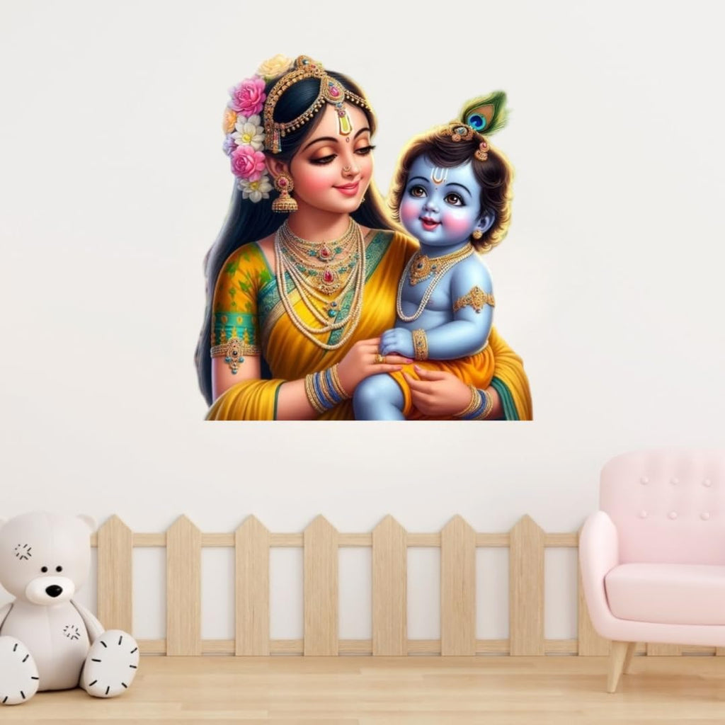Hindu Devotional Wall Sticker, Krishna and Yashoda Decorative Sticker, Large Living Room Mural