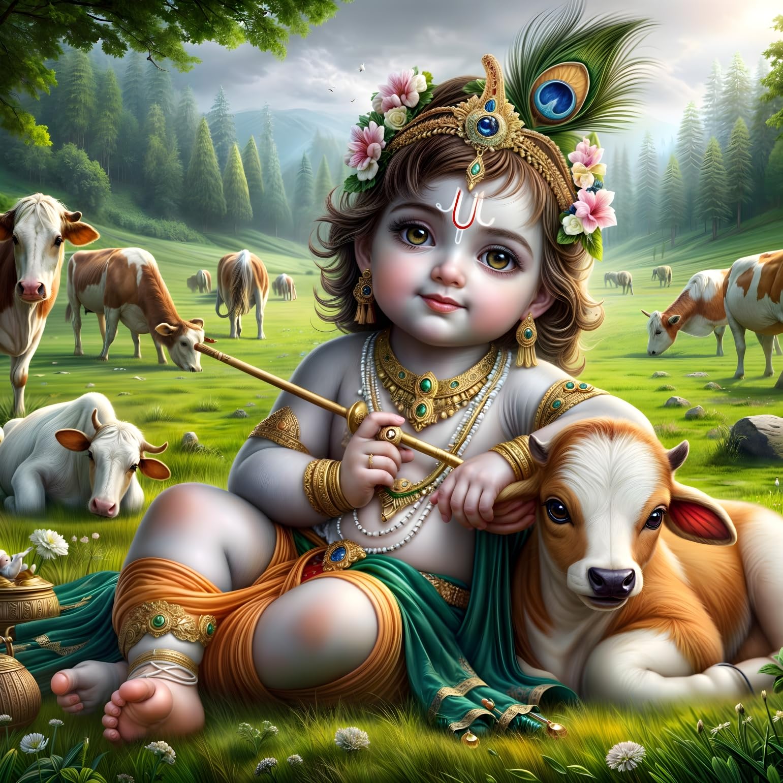 Cryptofeno Baby Krishna Wall Poster - Artistic Spiritual Décor with Flute, Cow & Peacock - Vibrant Colors for Home & Sacred Spaces - Premium Material 40 x 40 cm